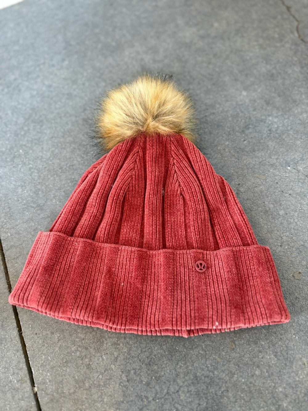 lululemon athletica Ribbed Pom Beanie in Rose Red with Faux Fur Pom